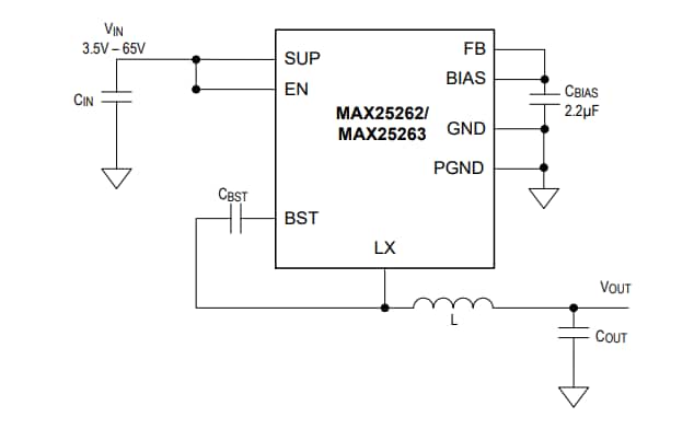 Blockdiagramm - Analog Devices / Maxim Integrated MAX25262/MAX25263 Mini-Abwärtswandler für Fahrzeuge